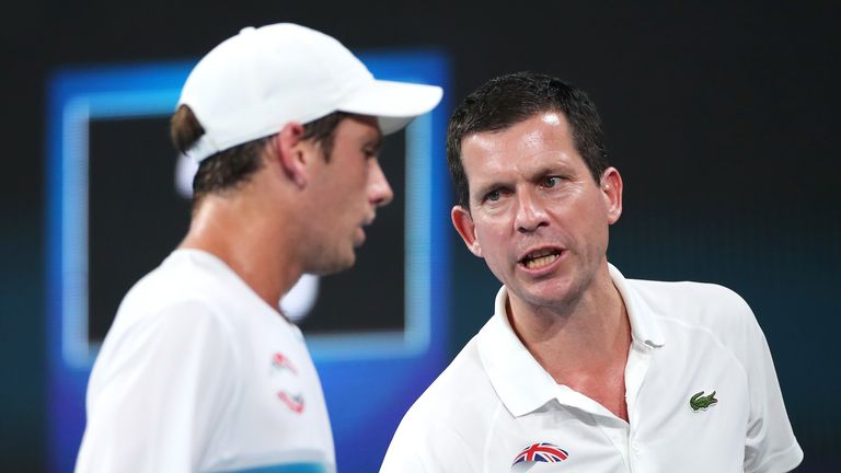 Great Britain's Team Captain giving Cameron Norrie some words of advice during the ATP Cup 