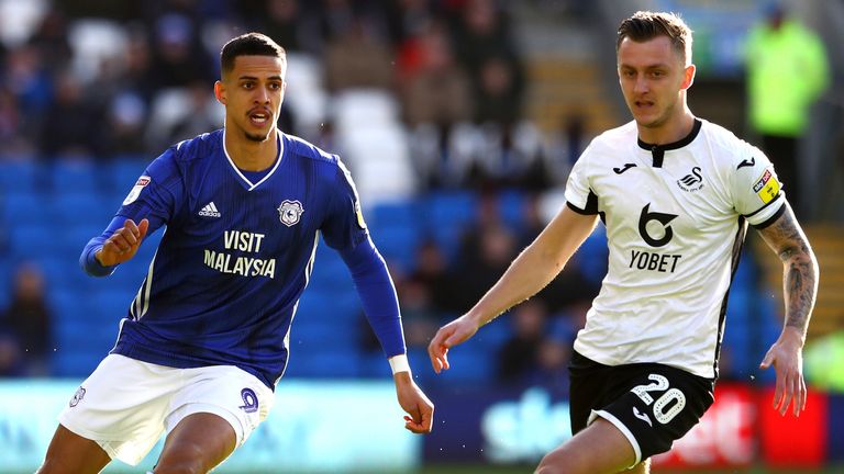 Cardiff's Robert Glatzel and Swansea's Ben Wilmot battle for possession 