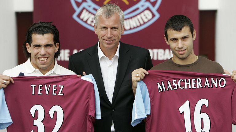 West Ham boss Alan Pardew unveils Deadline Day signings Carlos Tevez and Javier Mascherano at Upton Park in August 2006