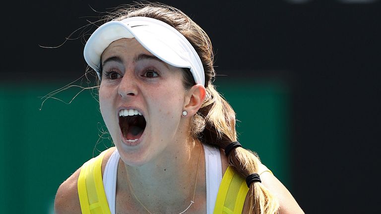 Catherine Bellis of the United States celebrates after winning match point during her Women's Singles second round match against Karolina Muchova of Czech Republic on day four of the 2020 Australian Open at Melbourne Park on January 23, 2020 in Melbourne, Australia.