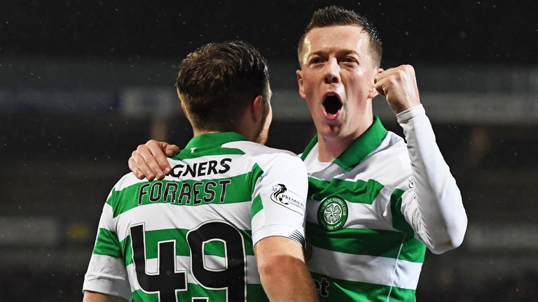 Celtic's James Forrest celebrates making it 2-0 at St Johnstone with Callum McGregor