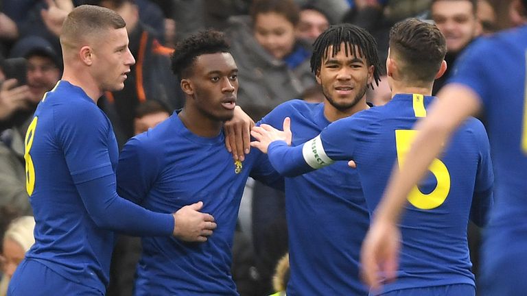 Hudson-Odoi is congratulated by team-mates after his early goal
