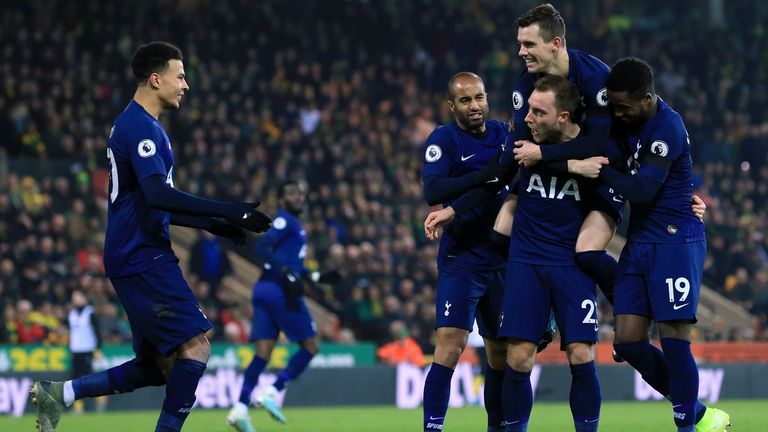 Christian Eriksen celebrates with team-mates Lucas Moura, Giovani Lo Celso, Ryan Sessegnon and Dele Alli after scoring against Norwich City