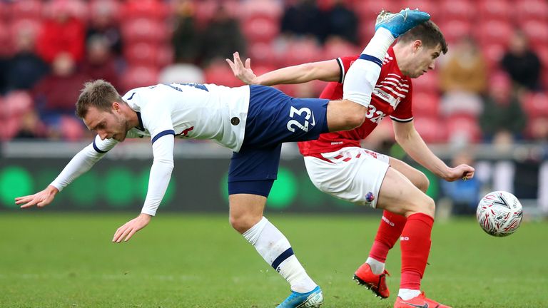 Eriksen takes a tumble in the FA Cup third round tie at Middlesbrough
