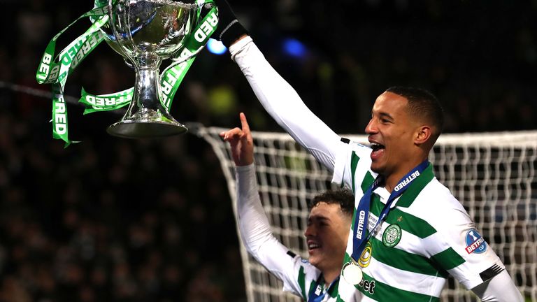 Christopher Jullien celebrates Celtic's Scottish League Cup success