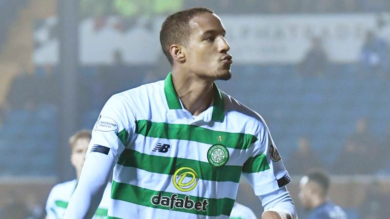 Christopher Jullien celebrates his header and Celtic's third at Kilmarnock