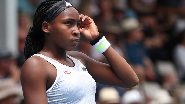 Coco Gauff of the US reacts after a point against Laura Siegemund of Germany during their women's singles match at the Auckland Classic tennis tournament in Auckland on January 9, 2020