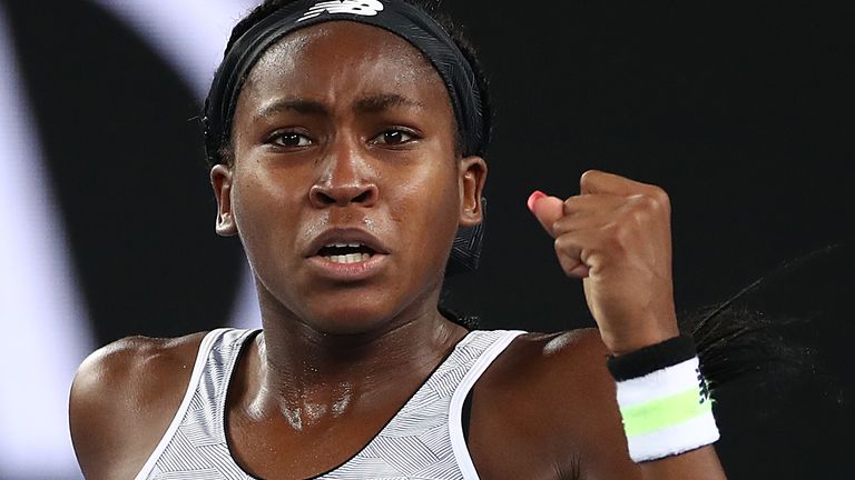 Coco Gauff of the United States of America celebrates winning the first set during her Women's Singles first round match against Venus Williams of the United States of America on day one of the 2020 Australian Open at Melbourne Park on January 20, 2020 in Melbourne, 