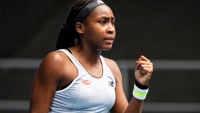Coco Gauff of the United States celebrates her victory in her second round match against Sorana Cirstea of Romania on day three of the 2020 Australian Open at Melbourne Park on January 22, 2020 in Melbourne, Australia