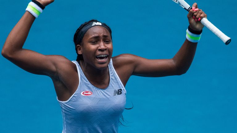 Coco Gauff of the United States celebrates winning her second round match against Sorana Cirstea of Romania on day three of the 2020 Australian Open at Melbourne Park on January 22, 2020 in Melbourne, Australia.