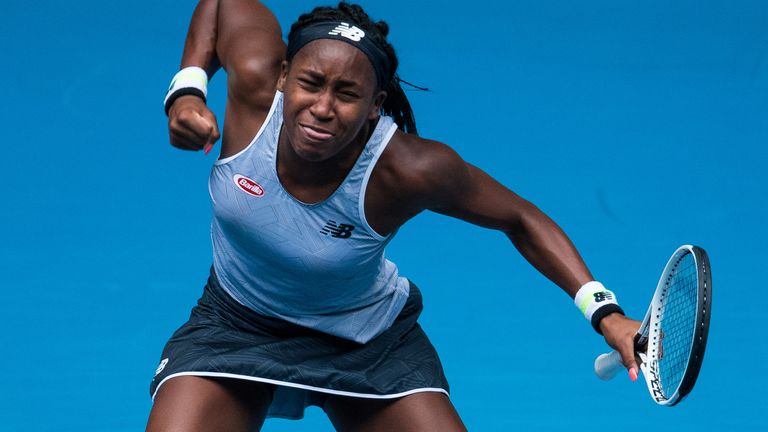 Coco Gauff of the United States celebrates a point won in her second round match against Sorana Cirstea of Romania on day three of the 2020 Australian Open at Melbourne Park on January 22, 2020 in Melbourne, Australia