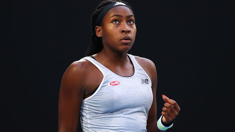 Coco Gauff of the United States celebrates after winning a point during her Women's Singles third round match against Naomi Osaka of Japan day five of the 2020 Australian Open at Melbourne Park on January 24, 2020 in Melbourne, Australia.