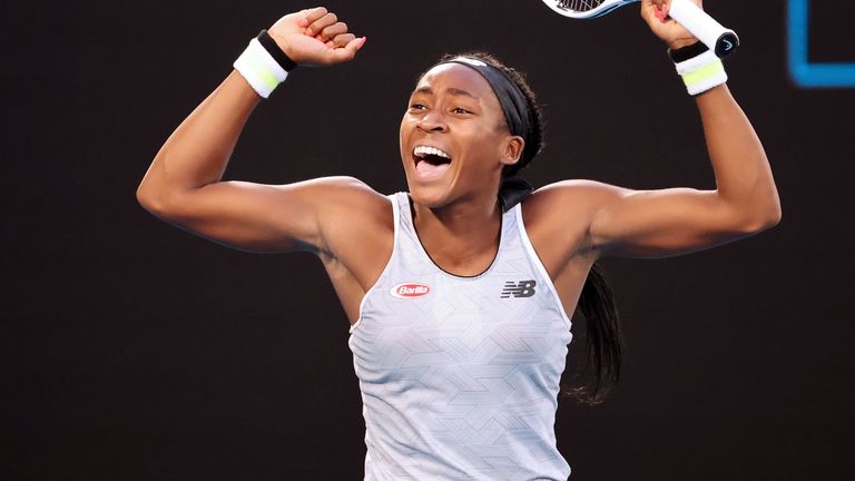 Coco Gauff of the US celebrates after victory against Japan's Naomi Osaka during their women's singles match on day five of the Australian Open tennis tournament in Melbourne on January 24, 2020.