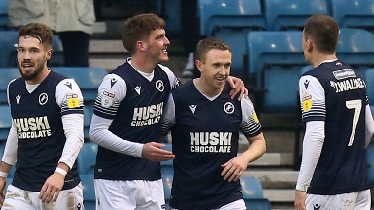 Connor Mahoney of Millwall (left) celebrates scoring the second goal during Millwall vs Luton Town