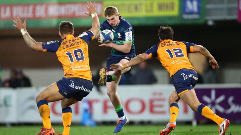 Connacht's Conor Fitzgerald kicks the ball clear of Handre Pollard and Jan Serfontein