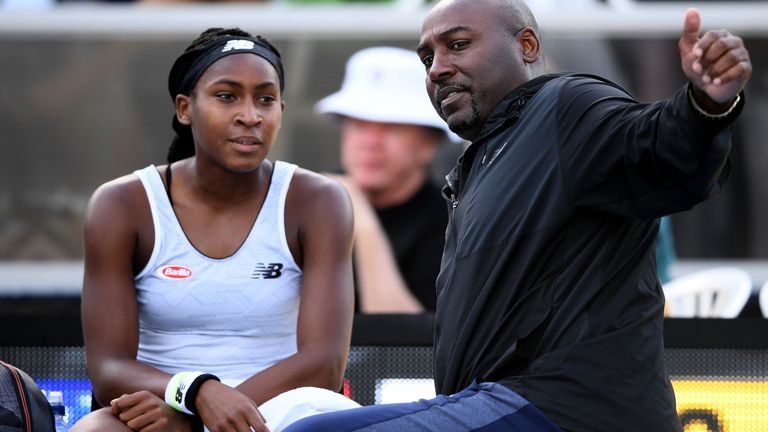 Cori Gauff of USA receives advice from her father and coach Corey Gauff during her first round match against Viktoria Kuzmova of Slovakia during day one of the 2020 ASB Classic at ASB Tennis Centre on January 06, 2020 in Auckland, New Zealand