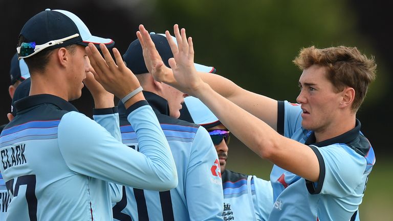 England U19s celebrate a wicket in their Tri-series match against India 2019