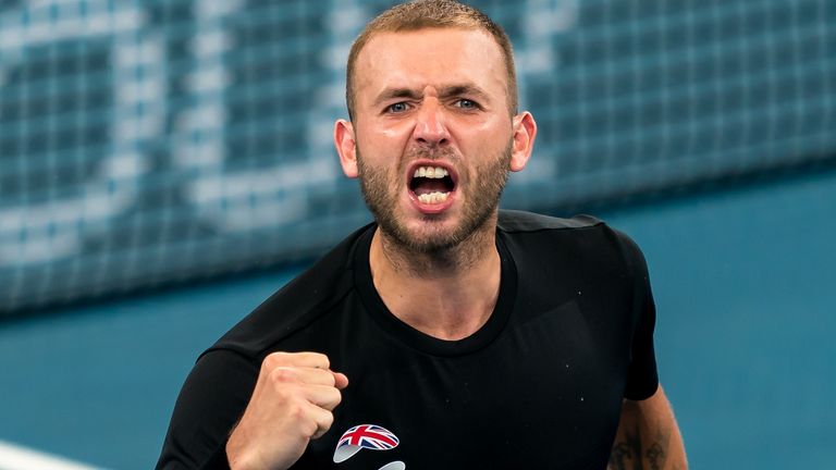 Dan Evans of Great Britain celebrates winning match point during his quarter final singles match against Alex de Minaur of Australia during day seven of the 2020 ATP Cup at Ken Rosewall Arena on January 09, 2020 in Sydney, Australia