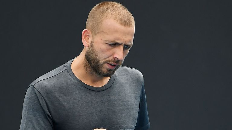 Dan Evans of Great Britain celebrates after winning a point during his Men's Singles first round match against Mackenzie McDonald of the United States of America on day one of the 2020 Australian Open at Melbourne Park on January 20, 2020 in Melbourne, Australia