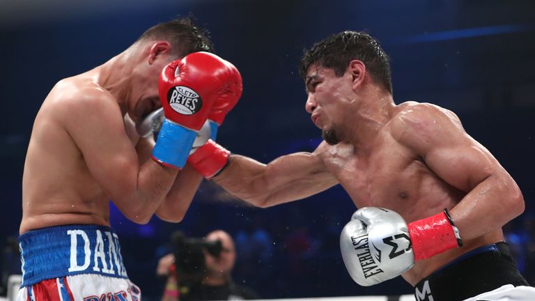 January 29, 2020; Miami, FL, USA; WBA/IBF super bantamweight champion Daniel Roman and Murodjon Akhmadaliev during their January 30th Matchroom Boxing USA bout at The Meridian.  Mandatory Credit: Ed Mulholland/Matchroom Boxing USA