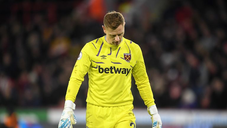David Martin of West Ham United reacts during the Premier League match between Sheffield United and West Ham United at Bramall Lane on January 10, 2020 in Sheffield, United Kingdom
