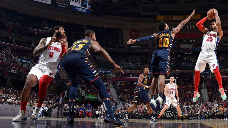 Derrick Rose of the Detroit Pistons shoots the ball against the Cleveland Cavaliers