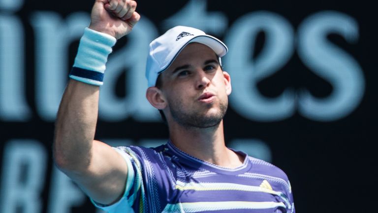 Dominic Thiem of Austria celebrates his victory in his fourth round match against Gael Monfils of France on day eight of the 2020 Australian Open at Melbourne Park on January 27, 2020 in Melbourne, Australia