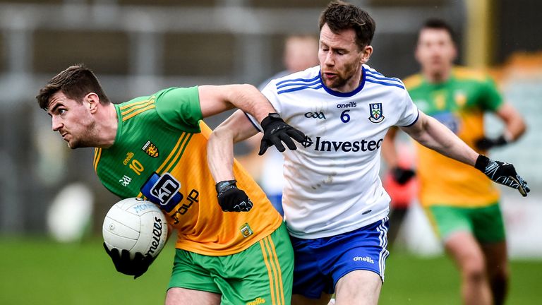 Daire Ó Baoill of Donegal in action against Karl O'Connell of Monaghan during their McKenna Cup clash in Ballybofey