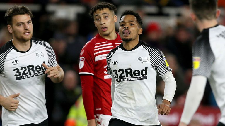 Derby County's Duane Holmes celebrates scoring his side's late equaliser