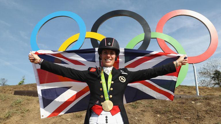 RIO DE JANEIRO, BRAZIL - AUGUST 15: Charlotte Dujardin of Great Britain poses after winning the gold medal during the Dressage Individual Grand Prix Freestyle on Day 10 of the Rio 2016 Olympic Games at the Deodora Olympic Equestrian Centre on August 15, 2016 in Rio de Janeiro, Brazil. (Photo by David Rogers/Getty Images)