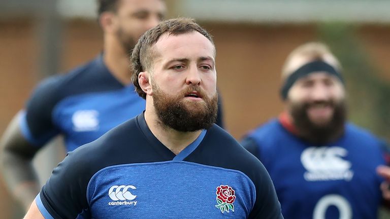 Tom Dunn trains with England at their warm-up camp for the Six Nations in Portugal