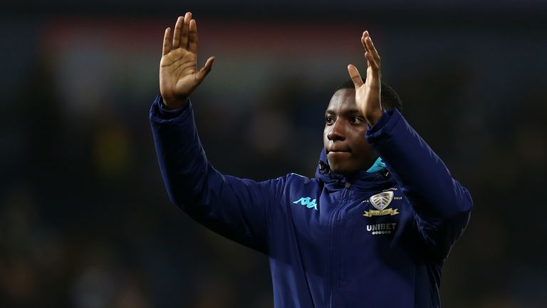 Eddie Nketiah of Leeds United reacts to the fans following the Sky Bet Championship match between West Bromwich Albion and Leeds United at The Hawthorns on January 01, 2020 in West Bromwich, England. 