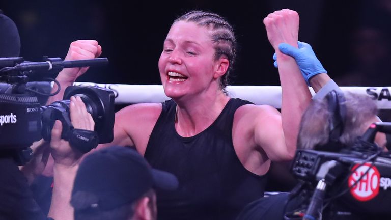 ATLANTIC CITY, NJ - JANUARY 10: Elin Cederroos celebrates her unanimous decision win against Alicia Napoleon Espinosa on January 10, 2020 at Ocean Casino Resort in Atlantic City, New Jersey. (Photo by Edward Diller/Getty Images)