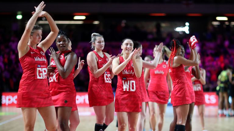 England show their appreciation to the crowd after their teams loss in the Vitality Netball Nations Cup 2020 match between Vitality Roses and Jamaica Sunshine Girls at Copper Box Arena