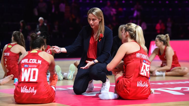 Jess Thirlby sharing a few thoughts with Natalie Haythornthwaite and Laura Malcolm after the first match of the Vitality Nations Cup against New Zealand 