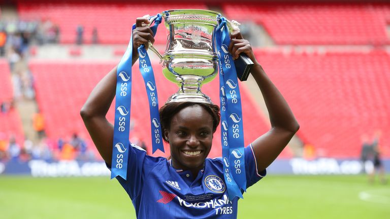 Eni Aluko with the trophy following Chelsea's win in the Women's FA Cup Final in 2015