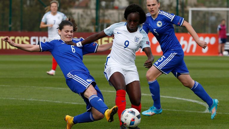 ZENICA, BOSNIA AND HERZEGOVINA - APRIL 12: Eniola Aluko (R) of England in action against Marija Aleksic (L) of Bosnia during the UEFA Women's European Championship Qualifier at FF BIH Football Training Centre on April 12, 2016 in Zenica, Bosnia and Herzegovina. (Photo by Srdjan Stevanovic/Getty Images)