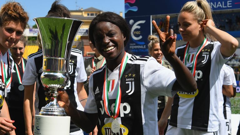 Eni Aluko celebrates after Juventus Women beat Fiorentina in the Coppa Italia Final in April 28, 2019