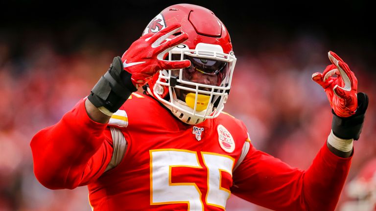 KANSAS CITY, MO - DECEMBER 29: Frank Clark #55 of the Kansas City Chiefs celebrates a fourth quarter defensive stop against the Los Angeles Chargers at Arrowhead Stadium on December 29, 2019 in Kansas City, Missouri. (Photo by David Eulitt/Getty Images)