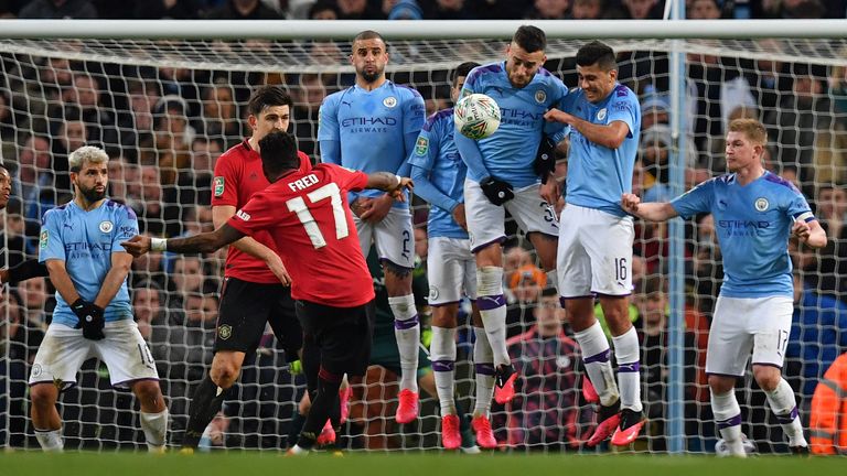 Fred's free-kick hits the wall during Manchester United's Carabao Cup semi-final exit against Manchester City