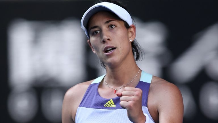 Garbine Muguruza of Spain celebrates after winning match point in her Women's Singles Semifinal match against Simona Halep of Romania on day eleven of the 2020 Australian Open at Melbourne Park on January 30, 2020 in Melbourne, Australia.