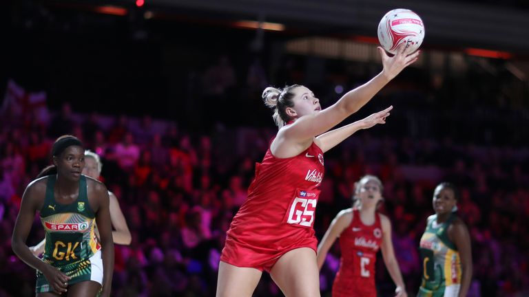 George Fisher of England catches the ball during the Vitality Netball Nations Cup 2020 match between Vitality Roses and South Africa SPAR Proteas at Copper Box Arena