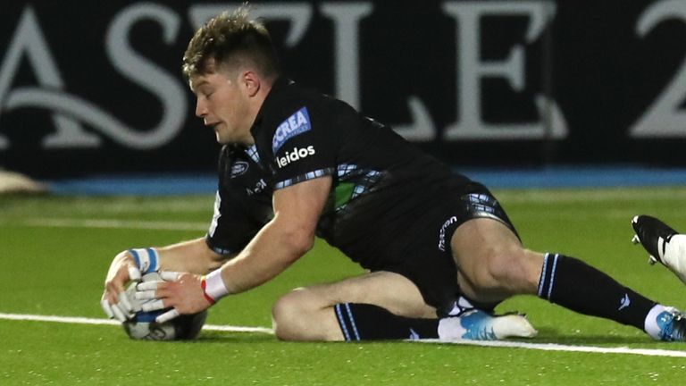 Glasgow Warriors George Horne scores a try against Cardiff during the Heineken Champions Cup match at Scotstoun Stadium, Glasgow. PRESS ASSOCIATION Photo. Picture date: Sunday January 13, 2019. See PA story RUGBYU Glasgow. Photo credit should read: Andrew Milligan/PA Wire. RESTRICTIONS: Editorial use only. No commercial use.