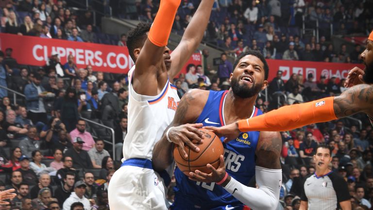  Paul George #13 of the LA Clippers handles the ball against the New York Knicks