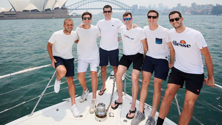 (L-R) Daniel Evans, Joe Salisbury, Tim Henman (Captain), Jamie Murray, James Ward and Cameron Norrie of Team Great Britain pose on a boat on Sydney Harbour ahead of 1the 2020 ATP Cup Group Stage at Ken Rosewall Arena on January 01, 2020 in Sydney, Australia