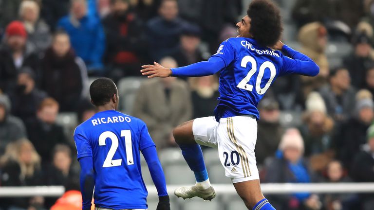 Leicester City's Hamza Choudhury celebrates scoring his side's third goal of the game