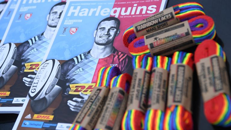 LONDON, ENGLAND - DECEMBER 01: Programmes and rainbow laces are on sale ahead of the Gallagher Premiership Rugby match between Harlequins and Gloucester Rugby at The Stoop on December 01, 2019 in London, England. (Photo by Mike Hewitt/Getty Images)