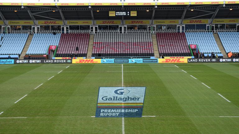 LONDON, ENGLAND - DECEMBER 01: The Premiership rugby logo appears with rainbow stripes ahead of the Gallagher Premiership Rugby match between Harlequins and Gloucester Rugby at The Stoop on December 01, 2019 in London, England. (Photo by Mike Hewitt/Getty Images)