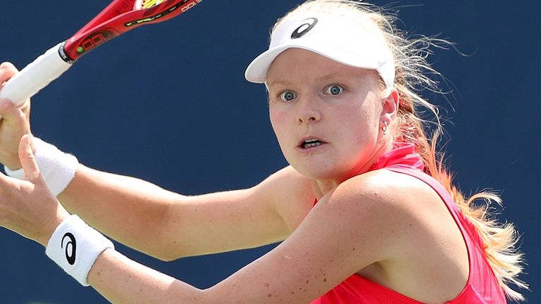 Harriet Dart of Great Britain returns a shot to Hailey Baptiste in round 2 of qualifying for the US Open at the USTA Billie Jean King National Tennis Center on August 22, 2019 in New York City