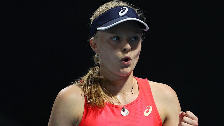 Harriet Dart of Great Britain celebrates after winning a point during her Women's Singles first round match against Misaki Doi of Japan on day two of the 2020 Australian Open at Melbourne Park on January 21, 2020 in Melbourne, Australia.